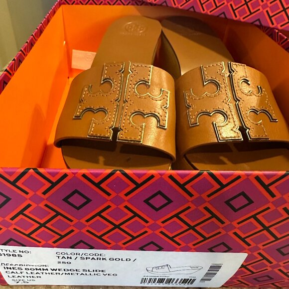 Tory Burch Ines 80 mm Wedge Slide Sandals - Tan - size 7.5 - Picture 1 of 2